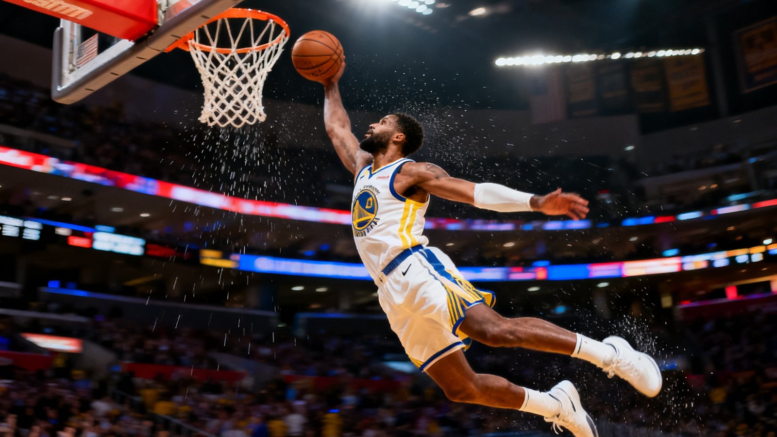NBA季后赛激烈对决画面，球员飞身扣篮瞬间被高速摄像机捕捉，球场灯光璀璨气氛紧张